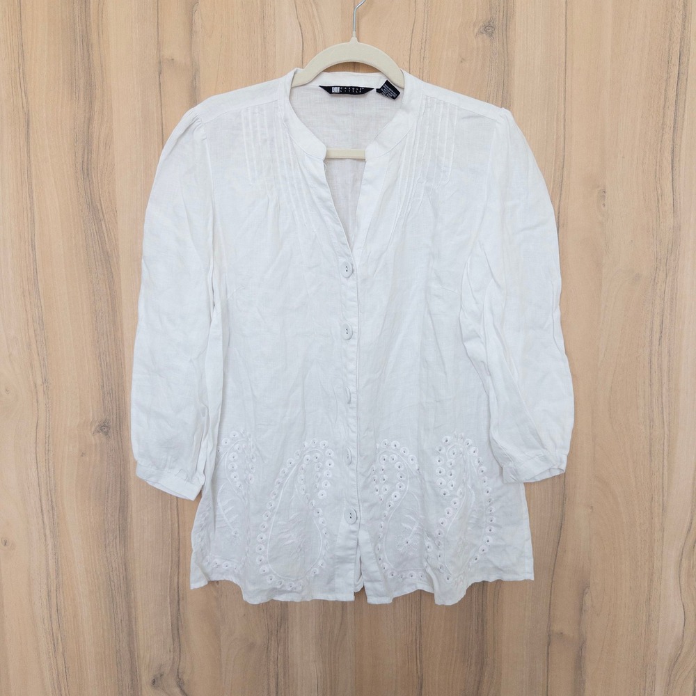 Carole Little Womens 100%‎ Linen Button Up Shirt L White Eyelet Embroidered